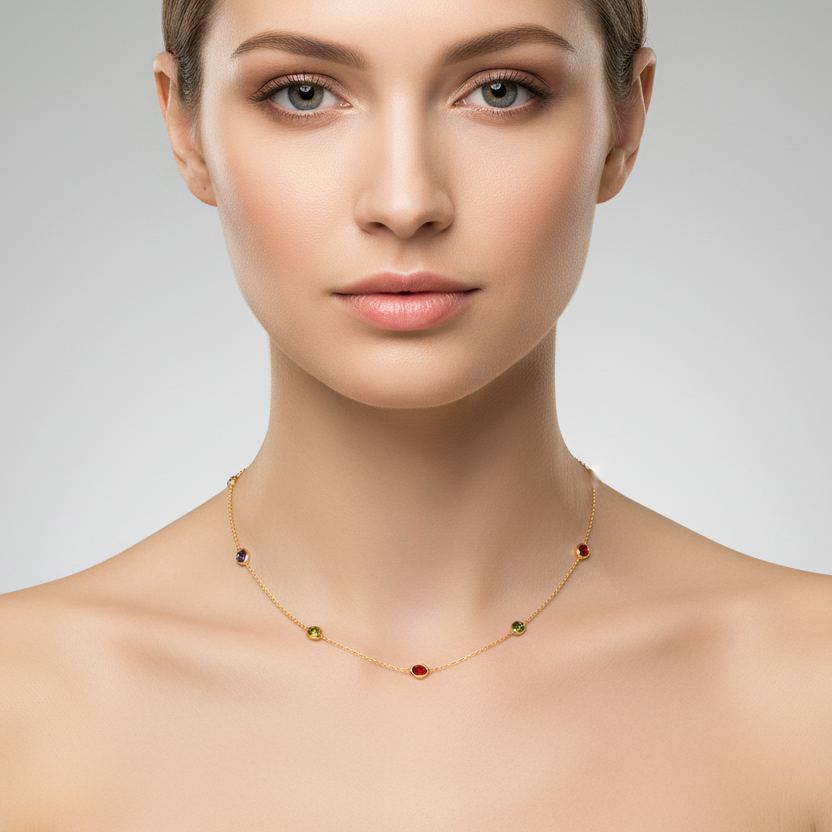 Yellow Gold Multi-Gemstone  Station Necklace 18k