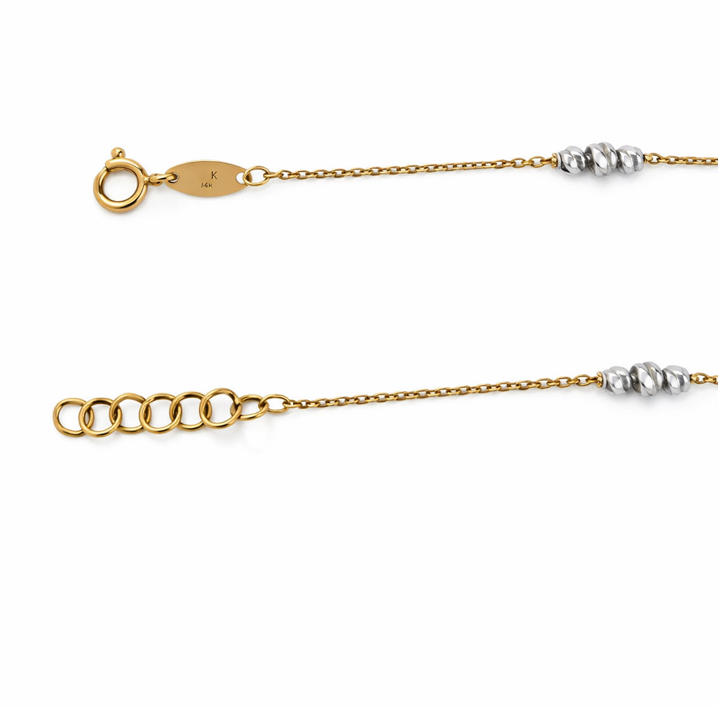Yellow Gold Station Anklet with white gold beads, 18k