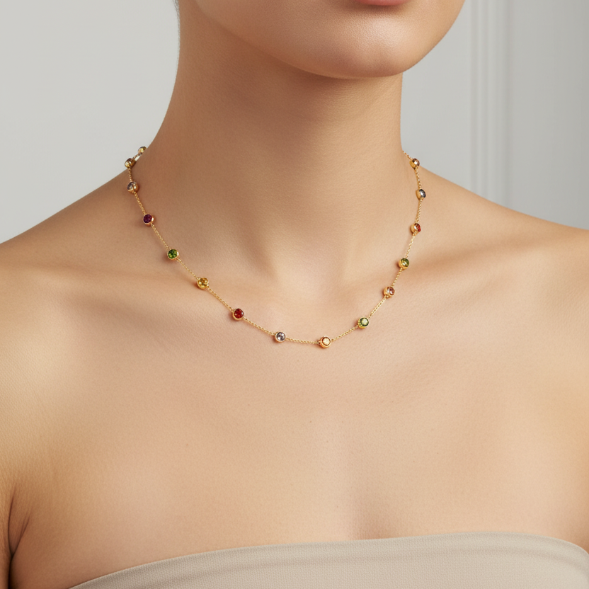 Yellow Gold Multi-Gemstone All Around Station Necklace 18k