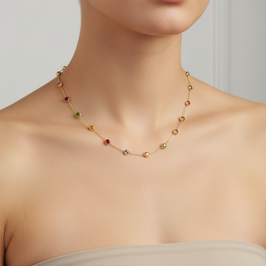 18K Yellow Gold Multi – Gemstone All Around Station Necklace