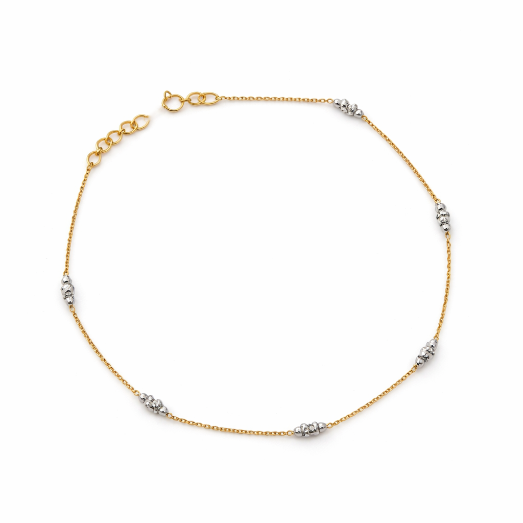 Yellow Gold Station Anklet with white gold beads, 18k