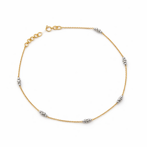 Yellow Gold Station Anklet with white gold beads, 18k
