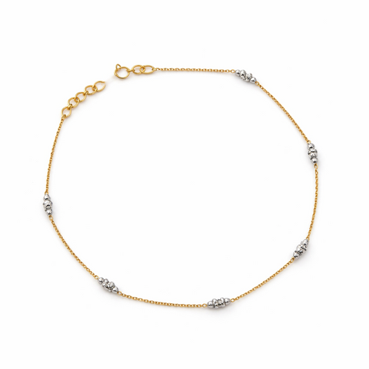Yellow Gold Station Anklet with white gold beads, 18k