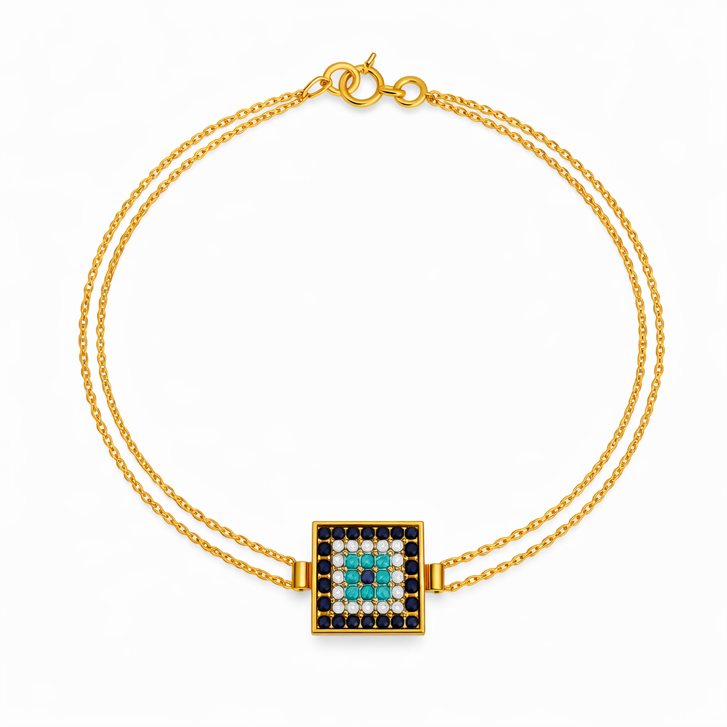 Yellow Gold Square Evil Eye Double Chain Bracelet 18k