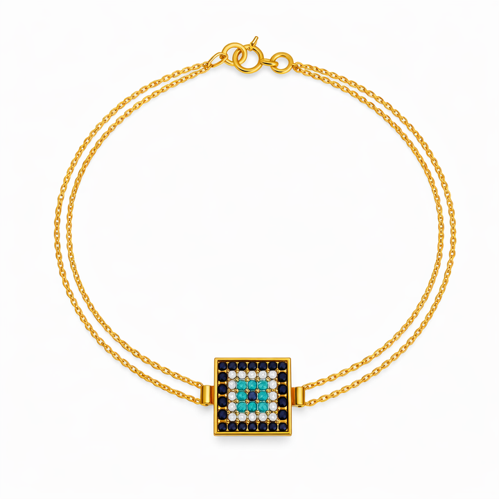 18K Yellow Gold Square Evil Eye Double Chain Bracelet