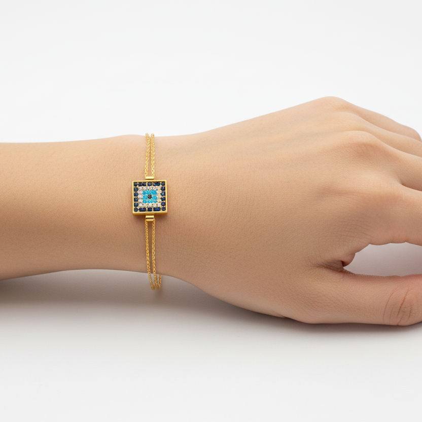 Yellow Gold Square Evil Eye Double Chain Bracelet 18k