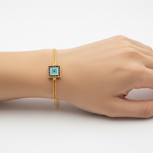Yellow Gold Square Evil Eye Double Chain Bracelet 18k