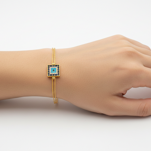 18K Yellow Gold Square Evil Eye Double Chain Bracelet