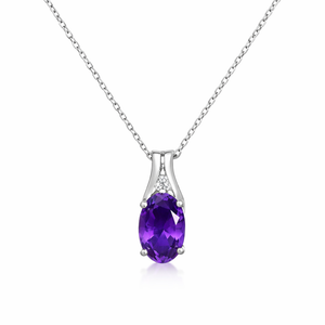 10K White Gold Oval Amethyst Pendant with Diamond Accent Pendant Necklace 0.01ct