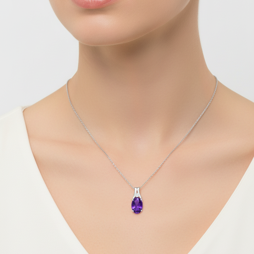 10K White Gold Oval Amethyst Pendant with Diamond Accent Pendant Necklace 0.01ct