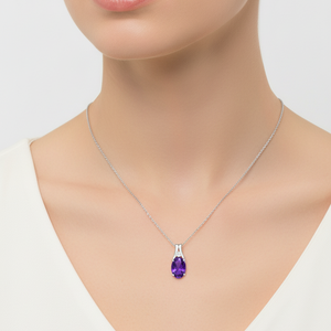 10K White Gold Oval Amethyst Pendant with Diamond Accent Pendant Necklace 0.01ct