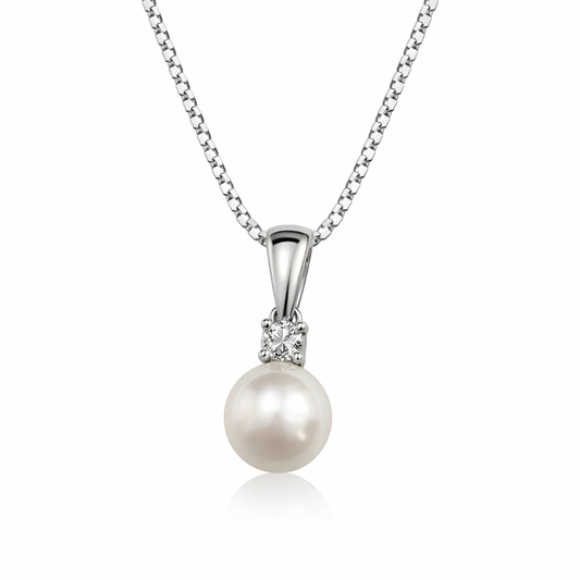 14K White Gold Pearl Necklace with Diamond Accent, TDW:0.03ct