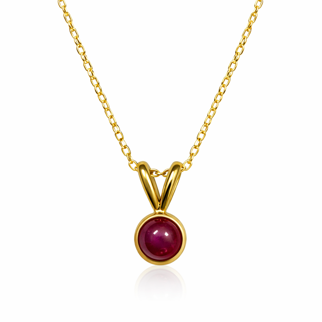 10K Yellow Gold Round Cabochons Ruby Bezel Set Necklace