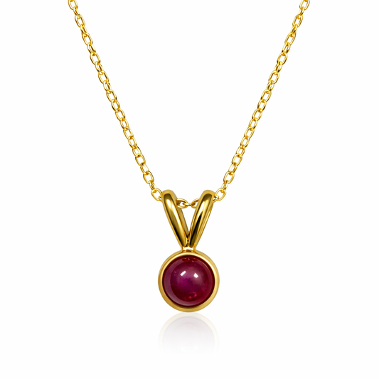10K Yellow Gold Round Cabochons Ruby Bezel Set Necklace