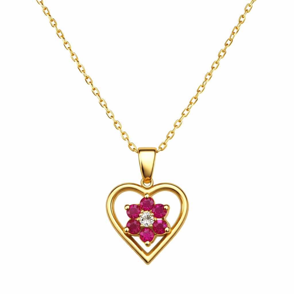 10K Yellow Gold Ruby Floral Heart Necklace with Diamond Accent