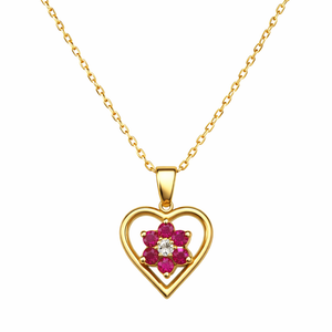 10K Yellow Gold Ruby Floral Heart Necklace with Diamond Accent