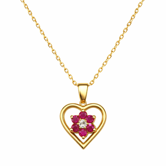 10K Yellow Gold Ruby Floral Heart Necklace with Diamond Accent