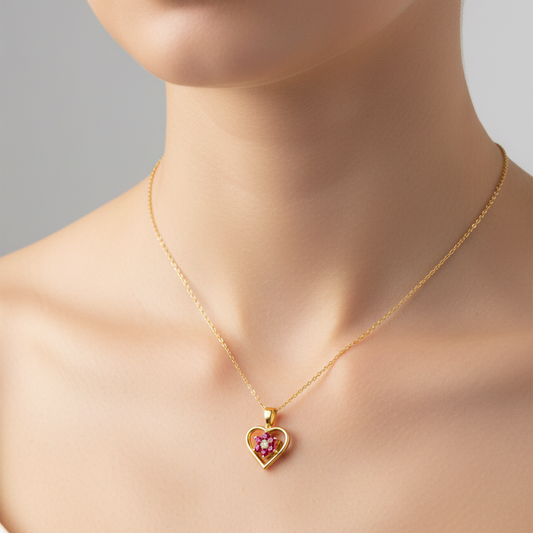 10K Yellow Gold Ruby Floral Heart Necklace with Diamond Accent