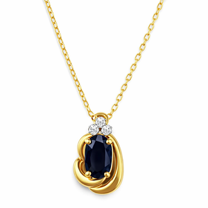 10K Yellow Gold Oval Blue Sapphire Necklace with Diamond Accent