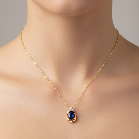 10K Yellow Gold Oval Blue Sapphire Necklace with Diamond Accent