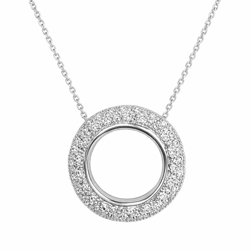 18K White Gold Pavé Setting Diamond Circle Shape Pendant and Chain. TDW: 0.50ct 3.65gr