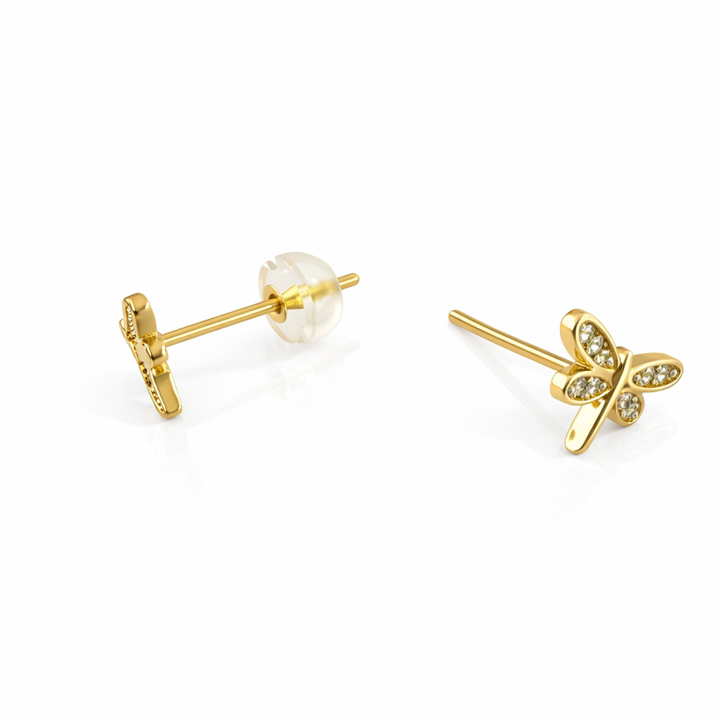 Yellow Gold Dragonfly Design With CZ Earring, 18k, 1.2gr