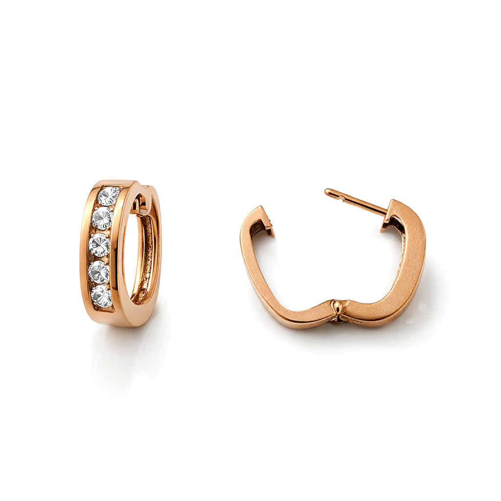 Rose Gold Squared Huggie Hoop Diamonds Earrings, 14k, TDW: 0.45ct, SI H