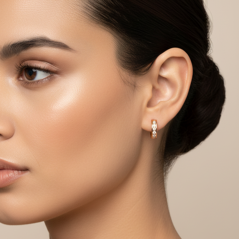 Rose Gold Squared Huggie Hoop Diamonds Earrings, 14k, TDW: 0.45ct, SI H