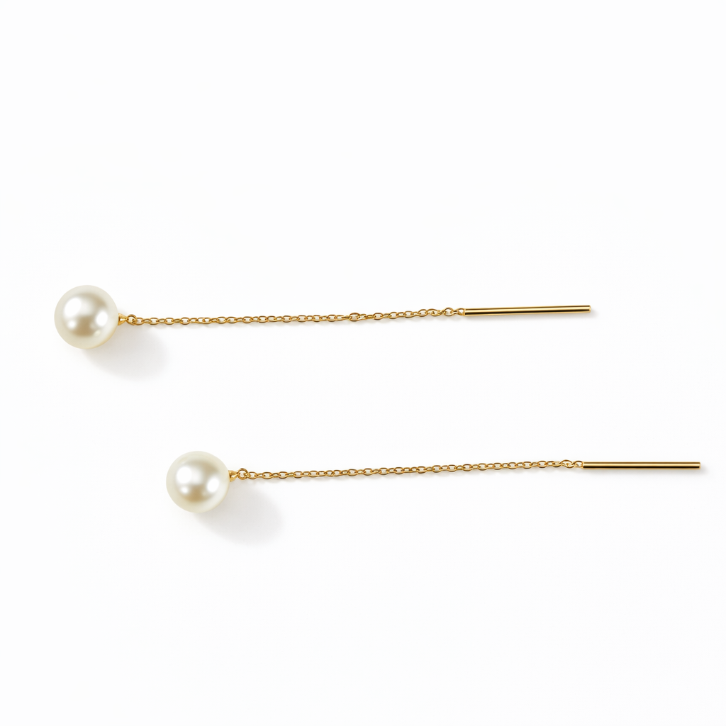 Yellow Gold Freshwater Pearl Threader Earrings, 14k, 6.2mm Pearls