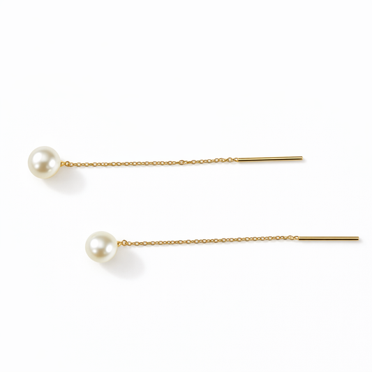 Yellow Gold Freshwater Pearl Threader Earrings, 14k, 6.2mm Pearls