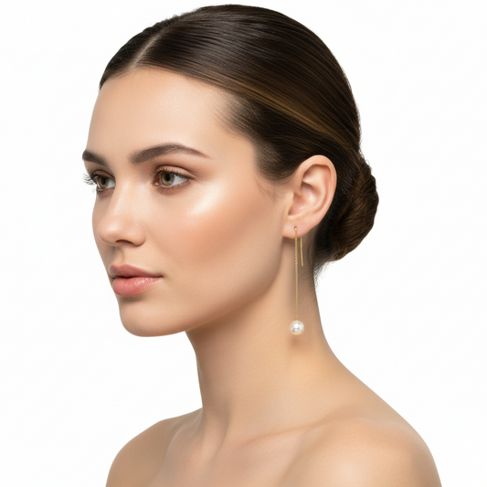 14K Yellow Gold Freshwater Pearl Threader Earrings 6.2mm Pearls