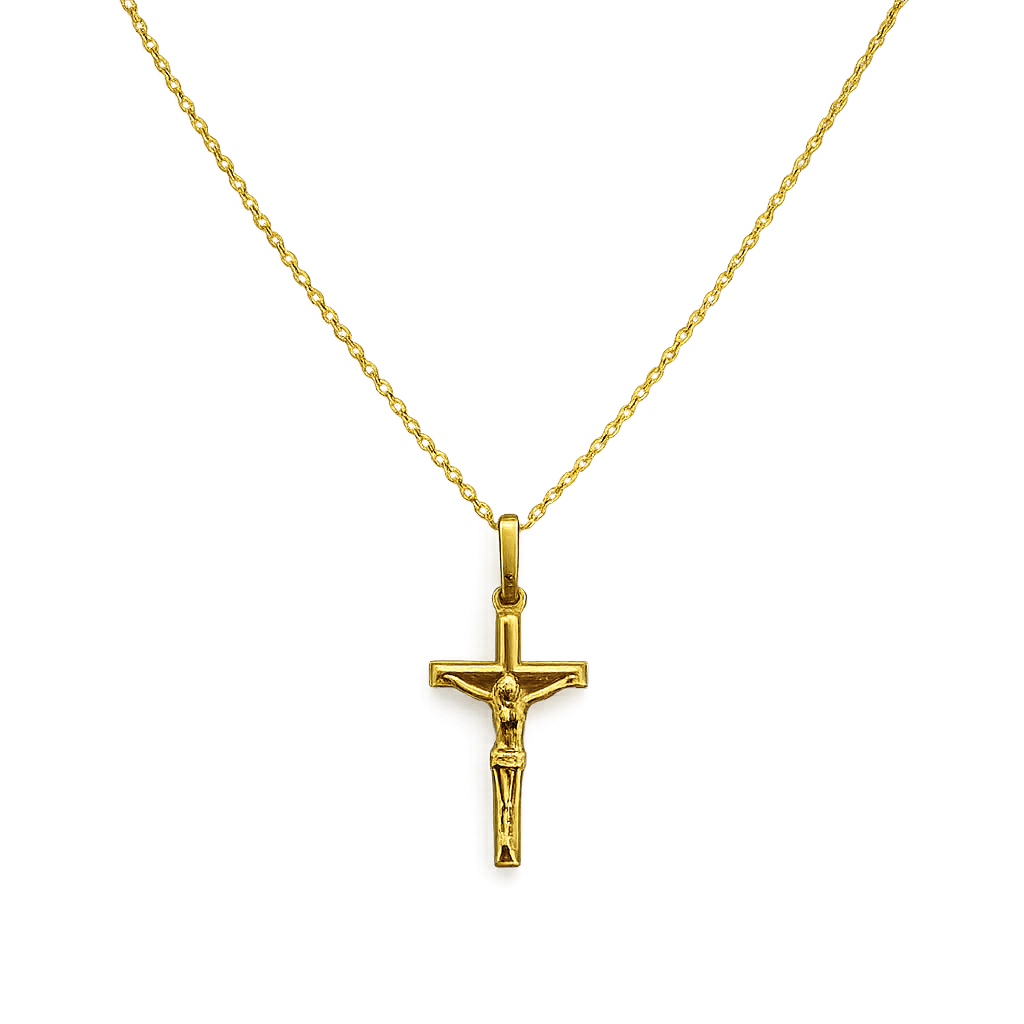 Yellow Gold Jesus Crucifix Cross Pendant Necklace, 18k, 0.92gr