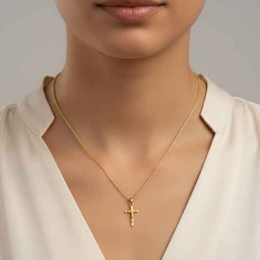 18K Yellow Gold Jesus Crucifix Cross Pendant Necklace 0.92gr