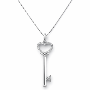 14K White Gold Heart Key With Diamonds Pendant Necklace TDW:0.28ct SI I