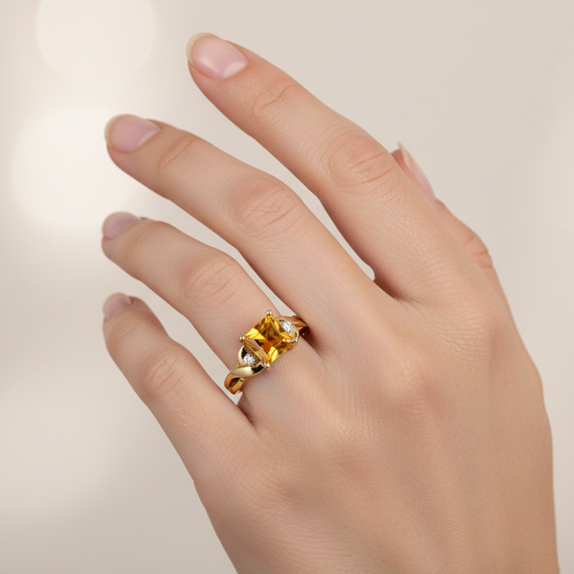 10K Yellow Gold Square Cut Citrine Ring C: 1.12ct TDW: 0.02ct SI I