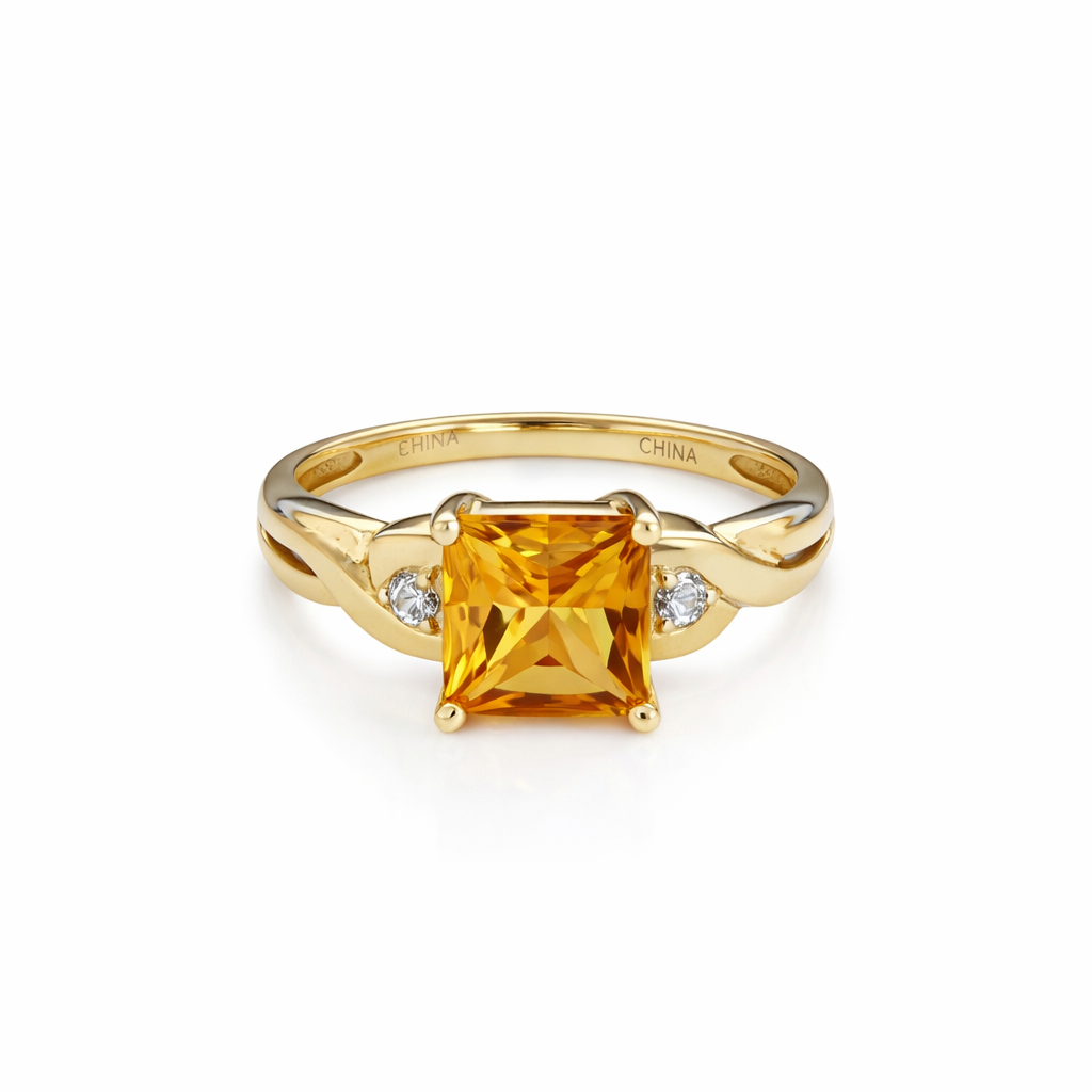 10K Yellow Gold Square Cut Citrine Ring C: 1.12ct TDW: 0.02ct SI I