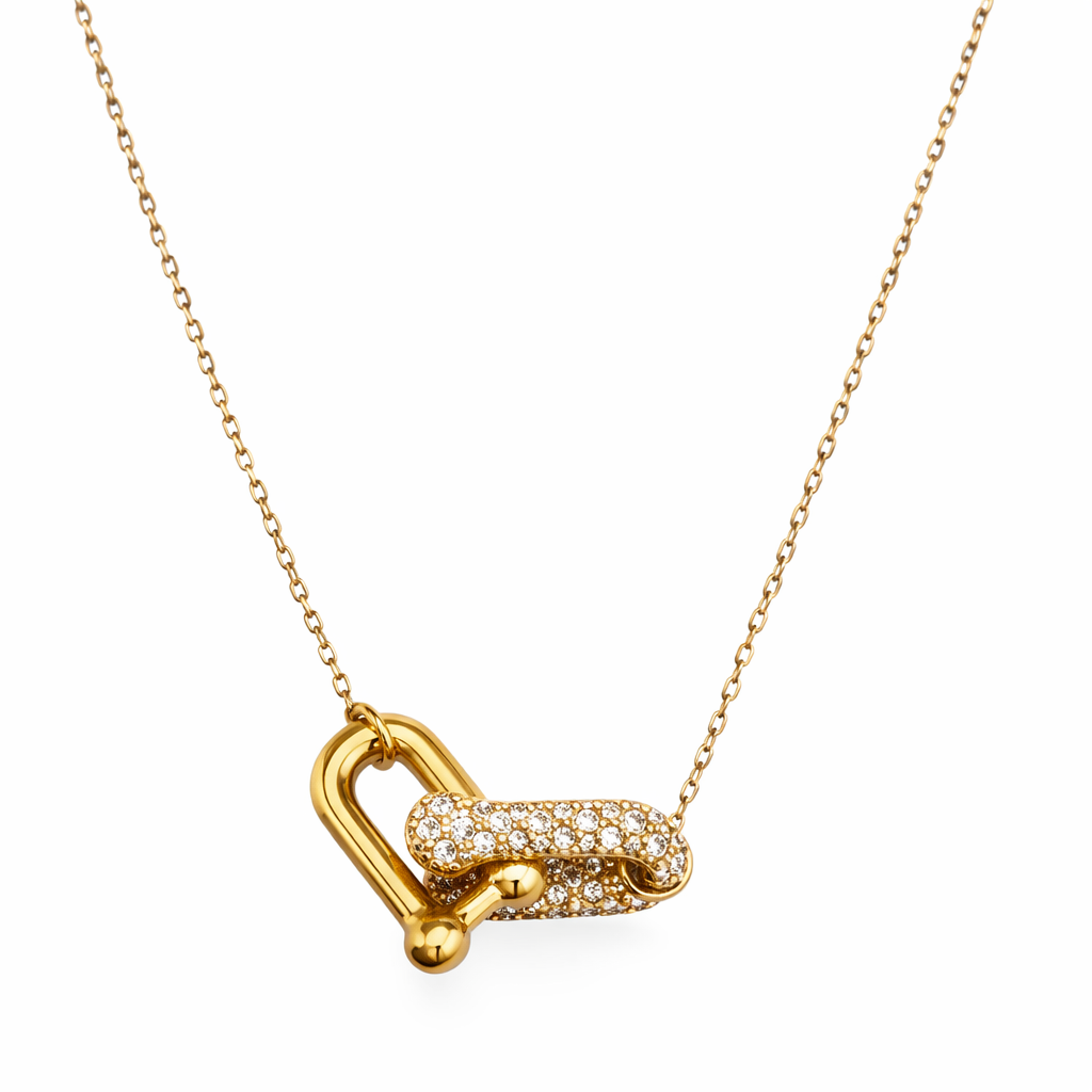 18K Yellow Gold Hardware Double Links Necklace Diamond Accent TDW: 0.73ct SI GH