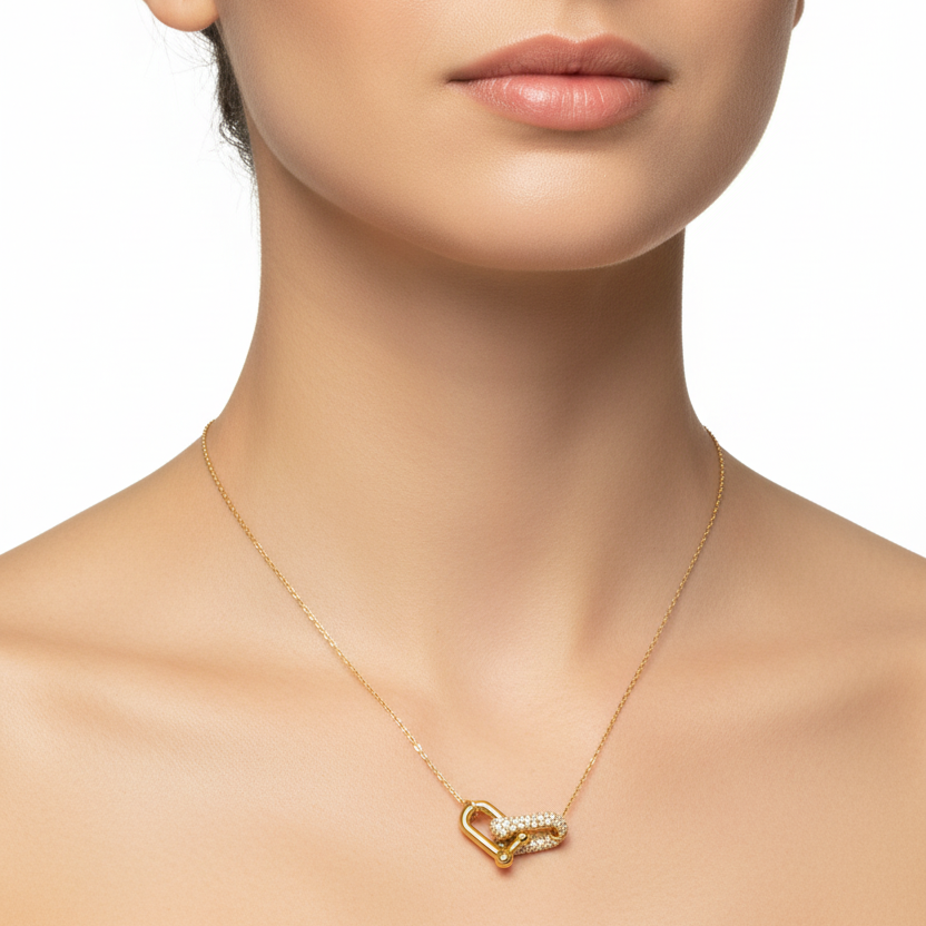 18K Yellow Gold Hardware Double Links Necklace Diamond Accent TDW: 0.73ct SI GH