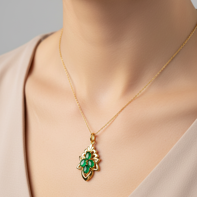18K Yellow Gold Jade Floral Cluster Pendant