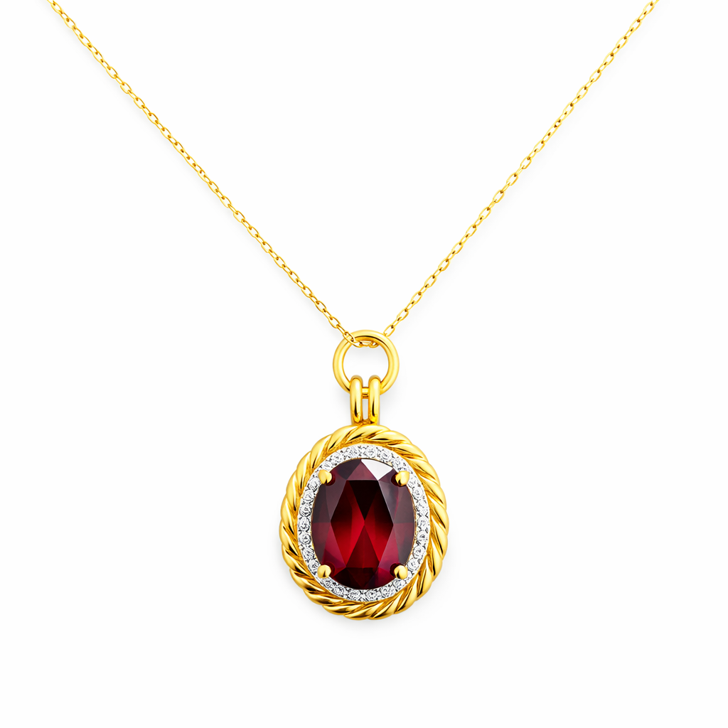 14K Yellow Gold Oval Garnet Diamond Halo Pendant