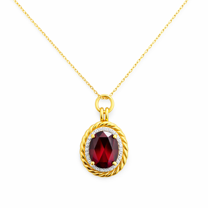 14K Yellow Gold Oval Garnet Diamond Halo Pendant