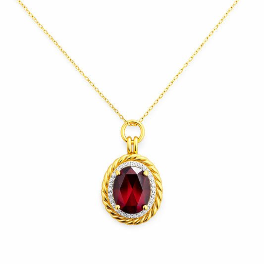 14K Yellow Gold Oval Garnet Diamond Halo Pendant