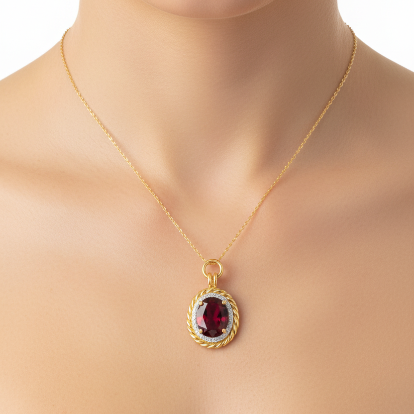 14K Yellow Gold Oval Garnet Diamond Halo Pendant