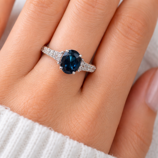 14K White Gold Blue Sapphire and Diamond Halo Ring