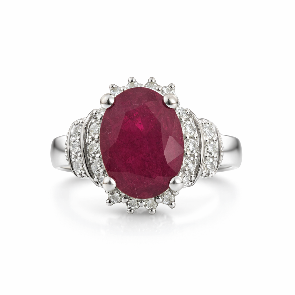 14K White Gold Ruby & Diamond Halo Ring