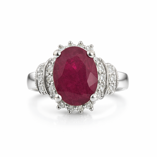 14K White Gold Ruby & Diamond Halo Ring