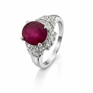 14K White Gold Ruby and Diamond Halo Ring
