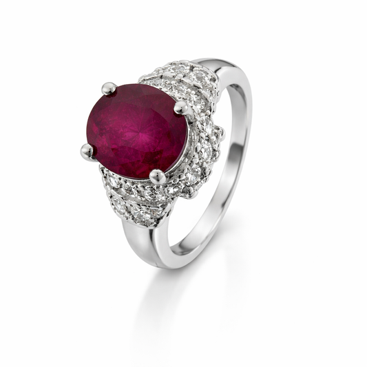 14K White Gold Ruby and Diamond Halo Ring
