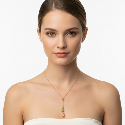 14K Yellow Gold Y-Style Necklace with double tear drop