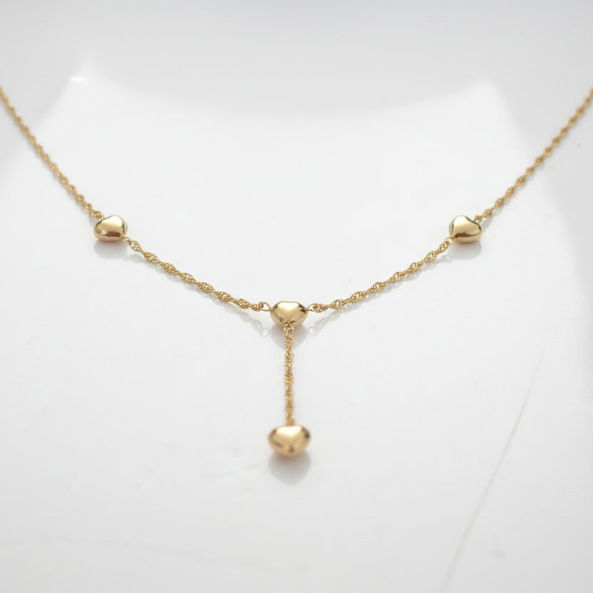 Yellow Gold Y shape design Necklace with three heart, 14k